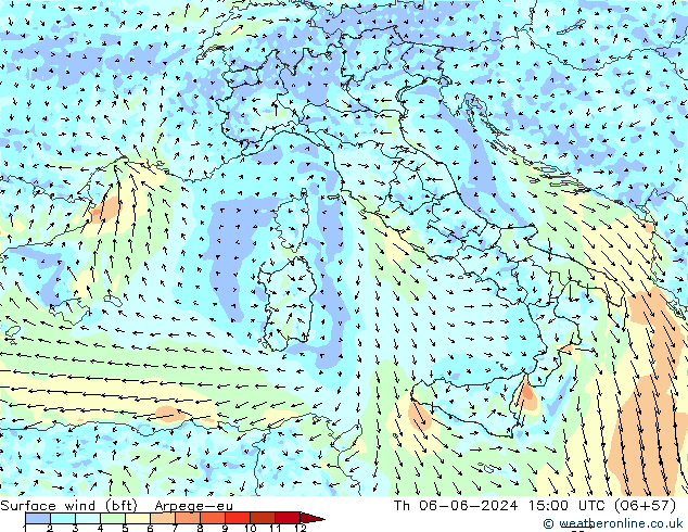 Vento 10 m (bft) Arpege-eu Qui 06.06.2024 15 UTC