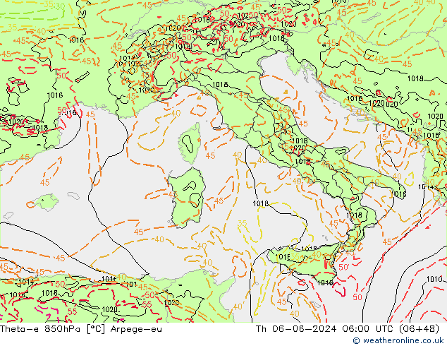 Theta-e 850hPa Arpege-eu  06.06.2024 06 UTC