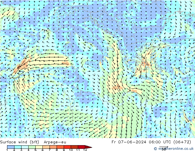 Surface wind (bft) Arpege-eu Fr 07.06.2024 06 UTC