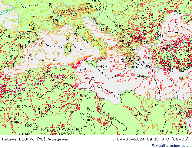Theta-e 850hPa Arpege-eu mar 04.06.2024 09 UTC