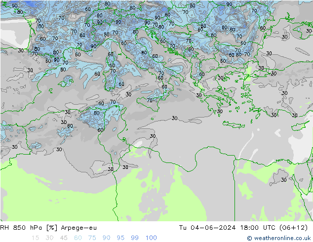 Humidité rel. 850 hPa Arpege-eu mar 04.06.2024 18 UTC