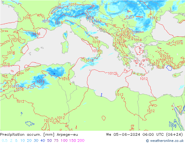 Precipitation accum. Arpege-eu St 05.06.2024 06 UTC