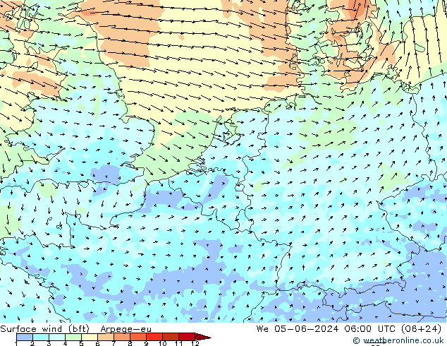 Bodenwind (bft) Arpege-eu Mi 05.06.2024 06 UTC