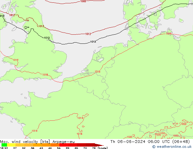 Max. wind velocity Arpege-eu Qui 06.06.2024 06 UTC