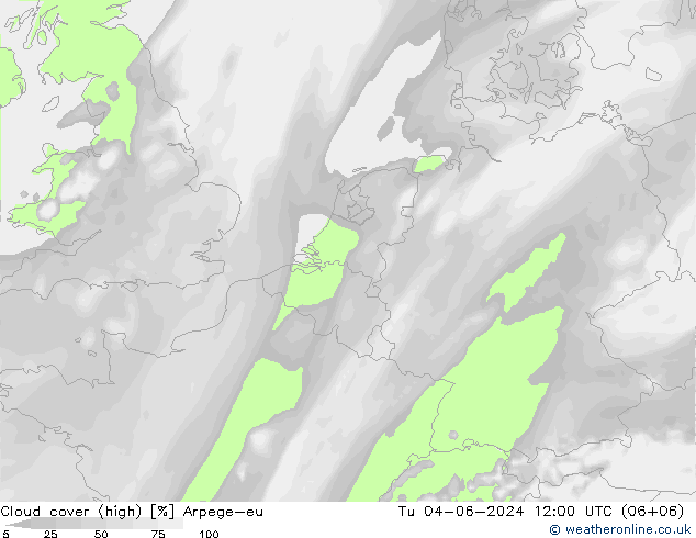 Cloud cover (high) Arpege-eu Tu 04.06.2024 12 UTC