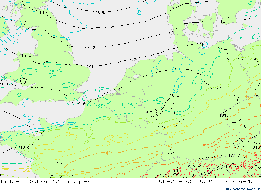 Theta-e 850hPa Arpege-eu Do 06.06.2024 00 UTC
