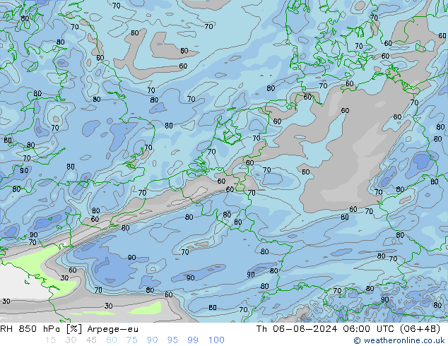 RH 850 hPa Arpege-eu czw. 06.06.2024 06 UTC