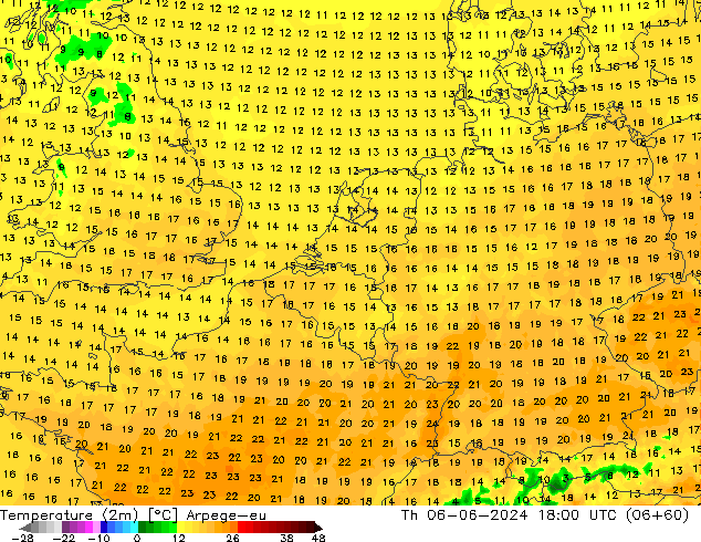 Temperature (2m) Arpege-eu Čt 06.06.2024 18 UTC