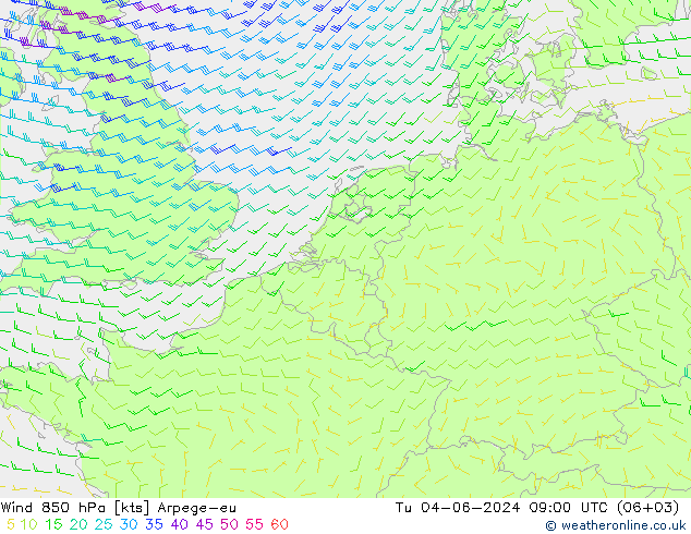 Wind 850 hPa Arpege-eu Tu 04.06.2024 09 UTC