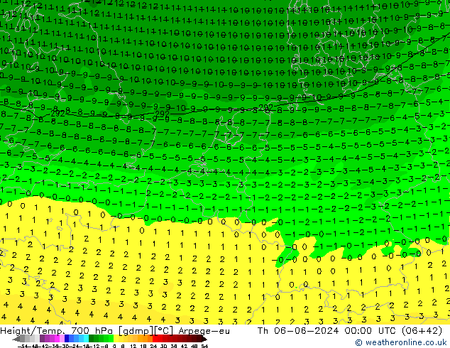 Height/Temp. 700 hPa Arpege-eu Qui 06.06.2024 00 UTC