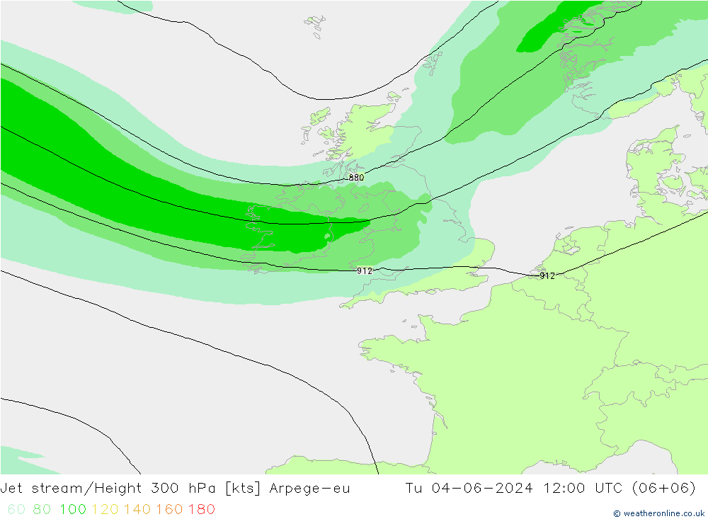 Jet stream/Height 300 hPa Arpege-eu Tu 04.06.2024 12 UTC