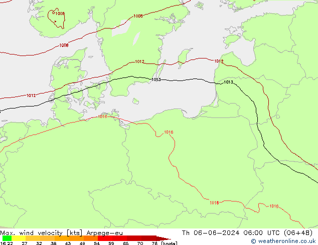 Max. wind velocity Arpege-eu Th 06.06.2024 06 UTC