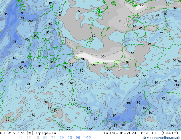 RH 925 hPa Arpege-eu Tu 04.06.2024 18 UTC