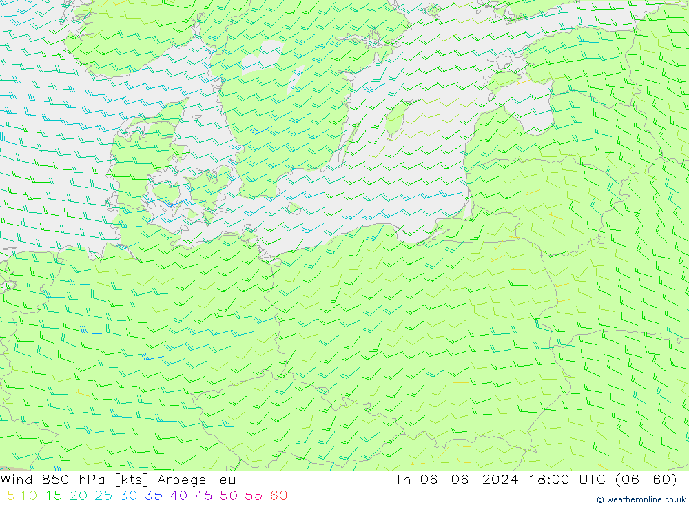 Wind 850 hPa Arpege-eu Th 06.06.2024 18 UTC