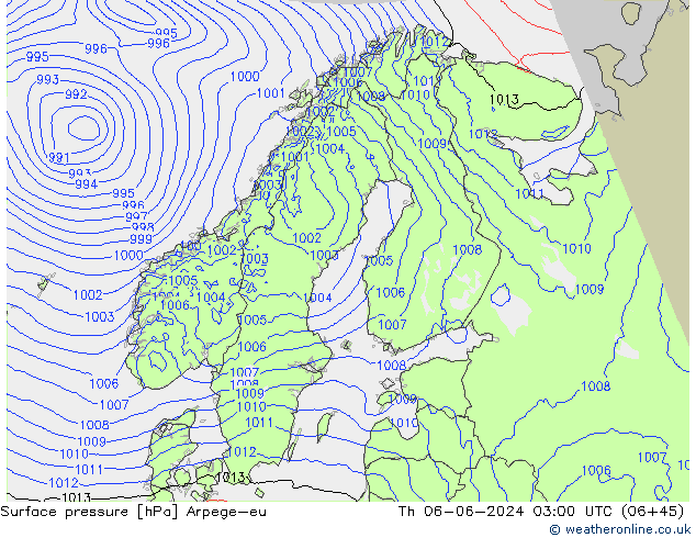 Atmosférický tlak Arpege-eu Čt 06.06.2024 03 UTC