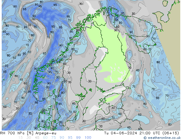 RH 700 гПа Arpege-eu вт 04.06.2024 21 UTC