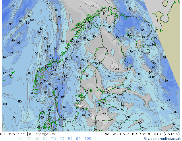 RH 925 hPa Arpege-eu Mi 05.06.2024 06 UTC