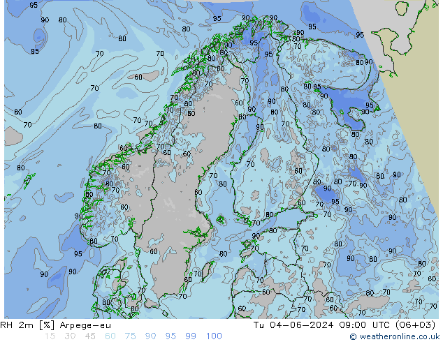 RH 2m Arpege-eu Tu 04.06.2024 09 UTC