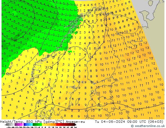 Height/Temp. 850 hPa Arpege-eu Tu 04.06.2024 09 UTC