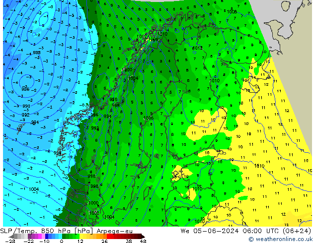 SLP/Temp. 850 hPa Arpege-eu Mi 05.06.2024 06 UTC