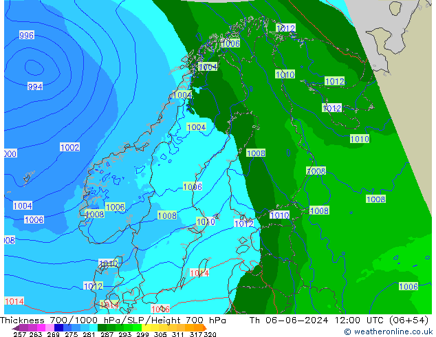 Thck 700-1000 hPa Arpege-eu Qui 06.06.2024 12 UTC