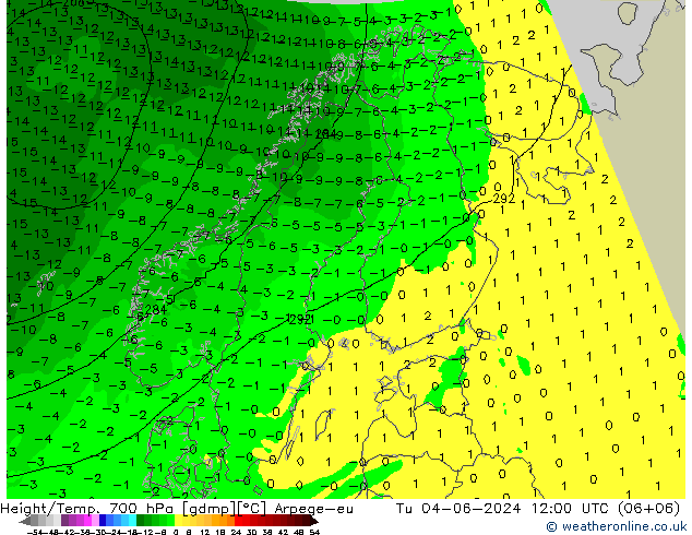 Height/Temp. 700 hPa Arpege-eu Tu 04.06.2024 12 UTC