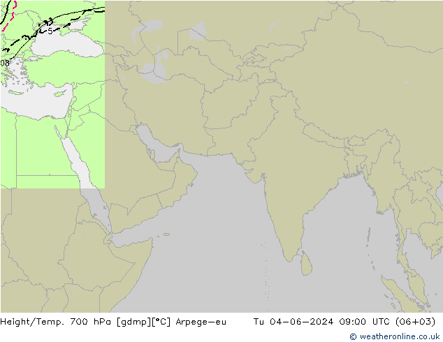 Height/Temp. 700 hPa Arpege-eu 星期二 04.06.2024 09 UTC