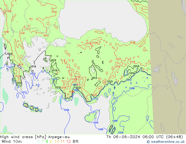 High wind areas Arpege-eu Qui 06.06.2024 06 UTC