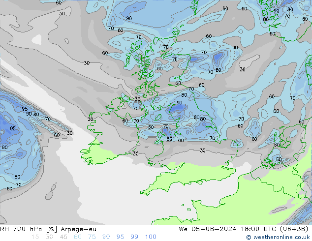 Humedad rel. 700hPa Arpege-eu mié 05.06.2024 18 UTC