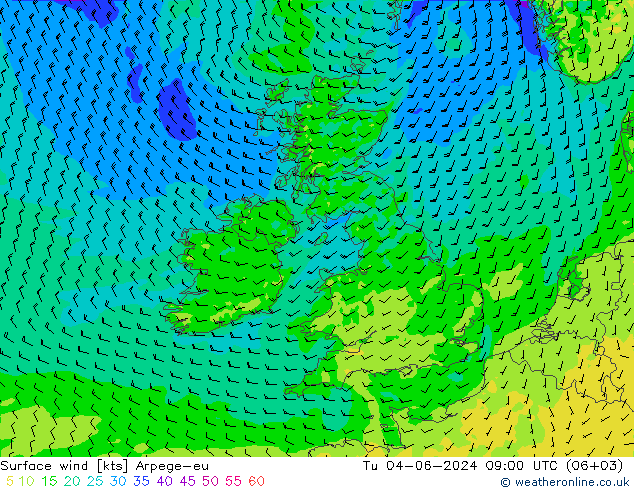 Surface wind Arpege-eu Tu 04.06.2024 09 UTC