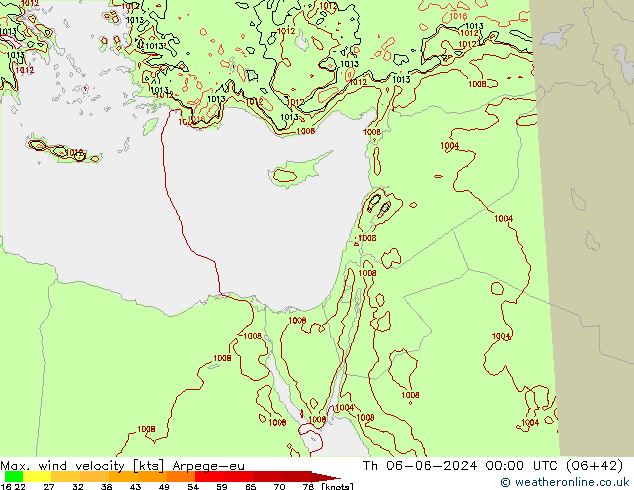 Max. wind velocity Arpege-eu jeu 06.06.2024 00 UTC