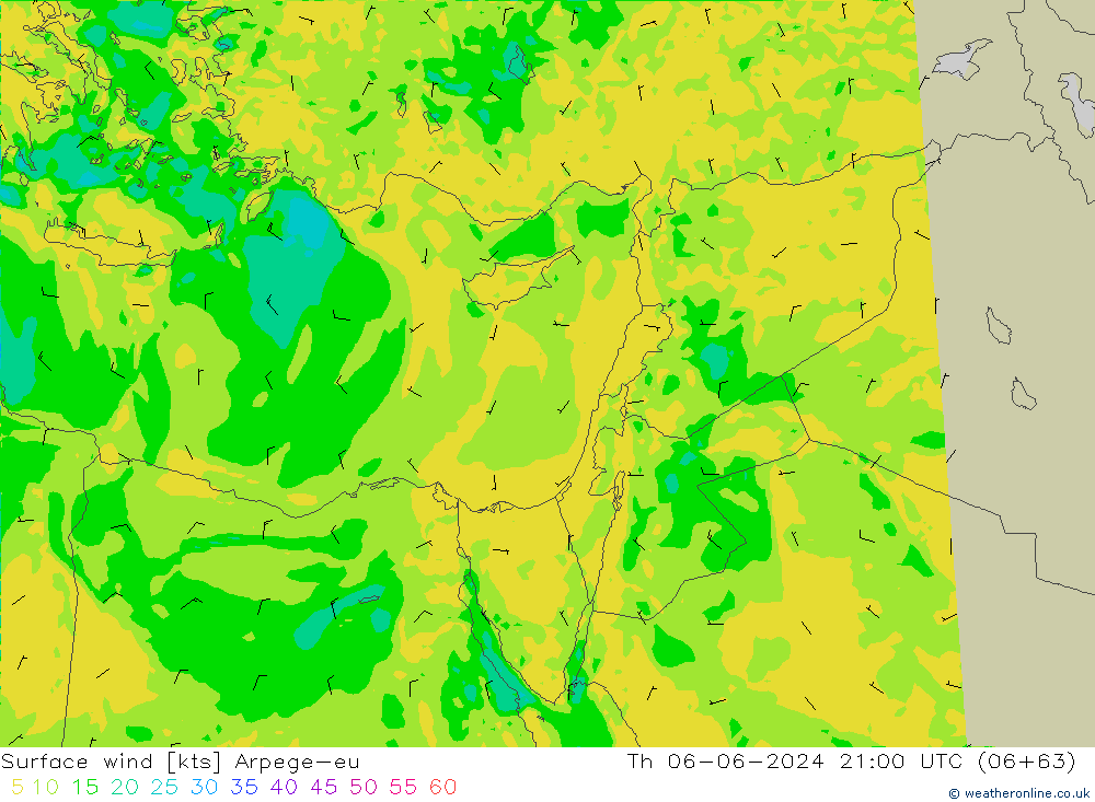 Viento 10 m Arpege-eu jue 06.06.2024 21 UTC