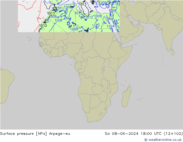 Presión superficial Arpege-eu sáb 08.06.2024 18 UTC