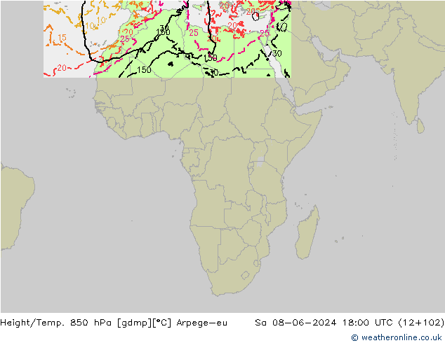 Height/Temp. 850 hPa Arpege-eu Sa 08.06.2024 18 UTC