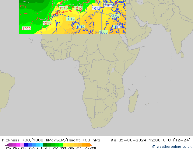 Thck 700-1000 hPa Arpege-eu mer 05.06.2024 12 UTC