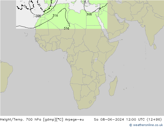 Height/Temp. 700 hPa Arpege-eu  08.06.2024 12 UTC