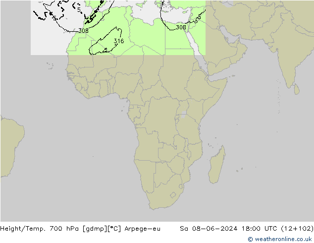 Yükseklik/Sıc. 700 hPa Arpege-eu Cts 08.06.2024 18 UTC