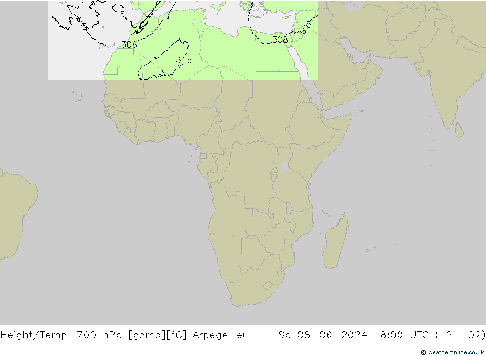 Height/Temp. 700 hPa Arpege-eu Sa 08.06.2024 18 UTC