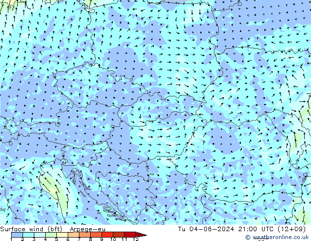 Surface wind (bft) Arpege-eu Tu 04.06.2024 21 UTC