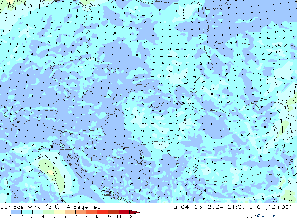 Surface wind (bft) Arpege-eu Tu 04.06.2024 21 UTC