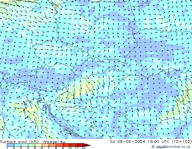 Rüzgar 10 m (bft) Arpege-eu Cts 08.06.2024 18 UTC