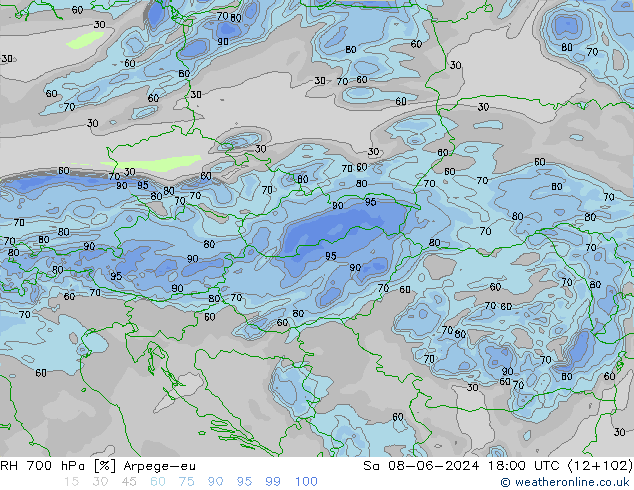 Humidité rel. 700 hPa Arpege-eu sam 08.06.2024 18 UTC