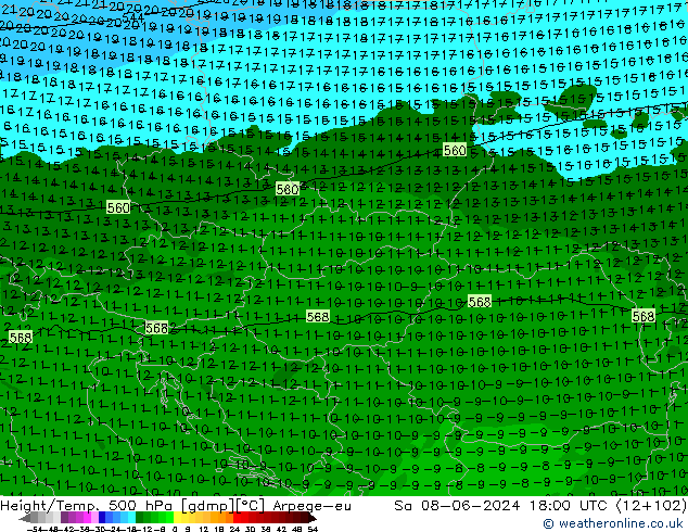 Height/Temp. 500 гПа Arpege-eu сб 08.06.2024 18 UTC