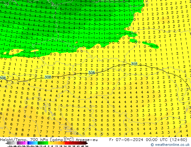 Height/Temp. 700 hPa Arpege-eu Pá 07.06.2024 00 UTC