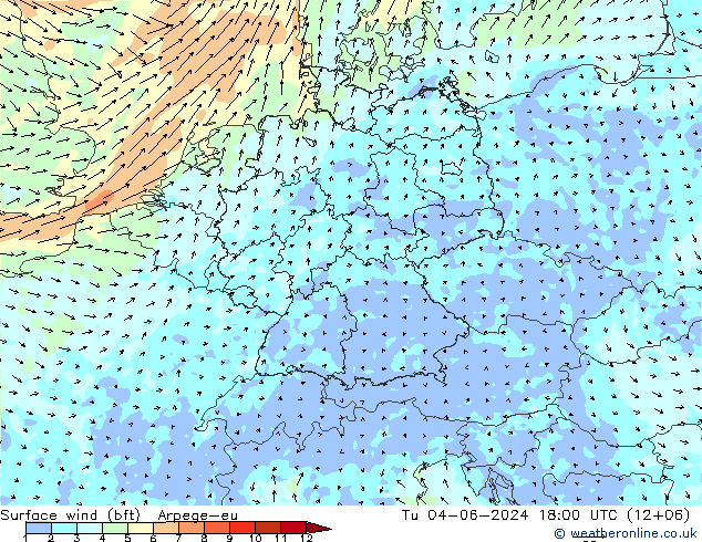 Bodenwind (bft) Arpege-eu Di 04.06.2024 18 UTC