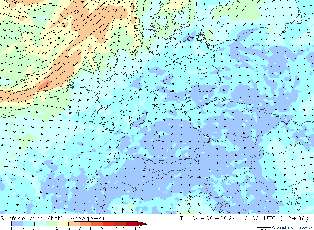 Viento 10 m (bft) Arpege-eu mar 04.06.2024 18 UTC