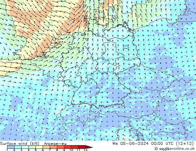 Surface wind (bft) Arpege-eu St 05.06.2024 00 UTC