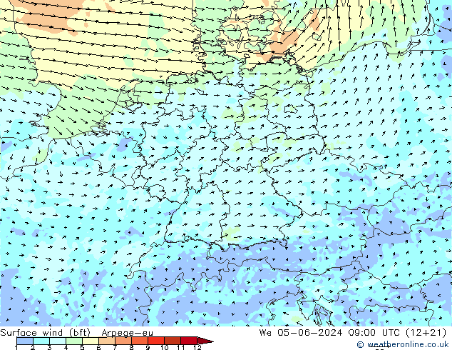 Bodenwind (bft) Arpege-eu Mi 05.06.2024 09 UTC