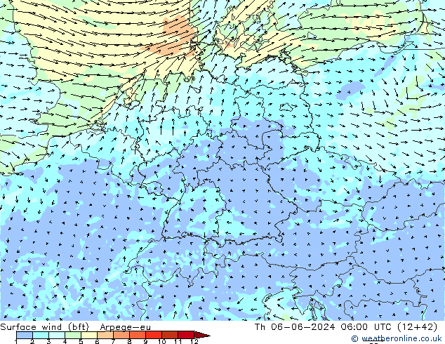 Wind 10 m (bft) Arpege-eu do 06.06.2024 06 UTC