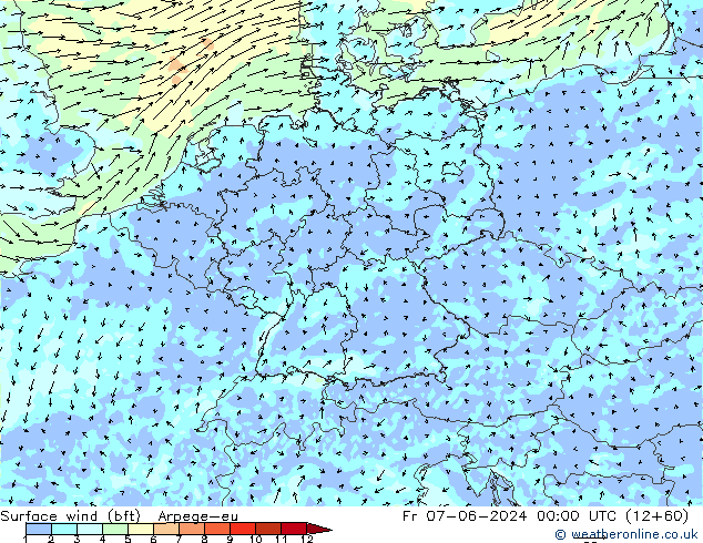 Surface wind (bft) Arpege-eu Fr 07.06.2024 00 UTC